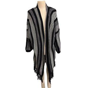 Express Womens Black & White Striped Open-Front Fringe Cardigan One Size Acrylic